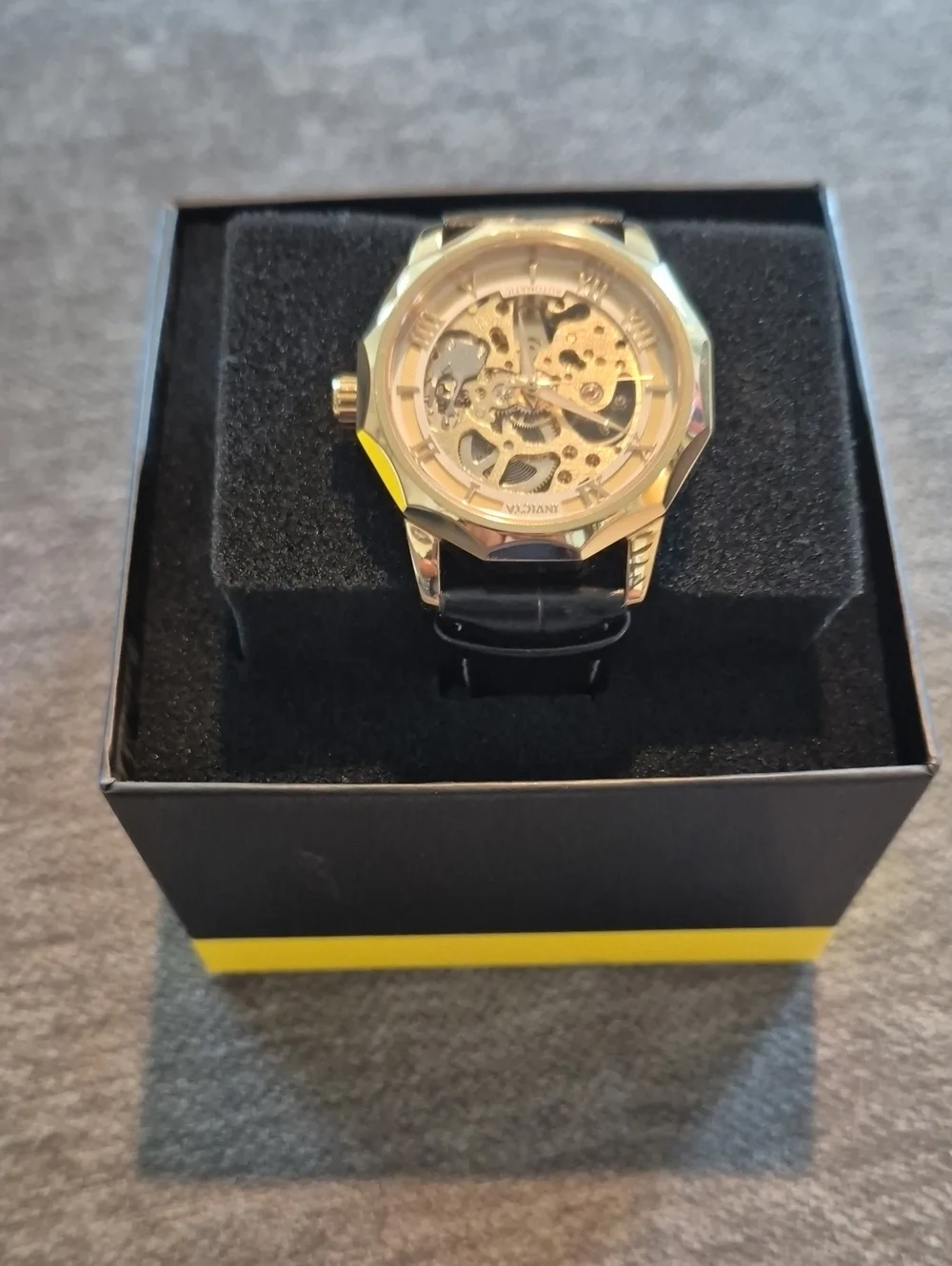 Invicta Gold Skeleton Mechanical Watch with Black Leather Strap